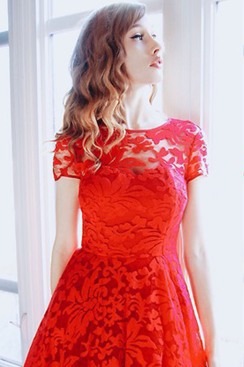 Women Halter Style Round Neck Short Sleeves Dress Red