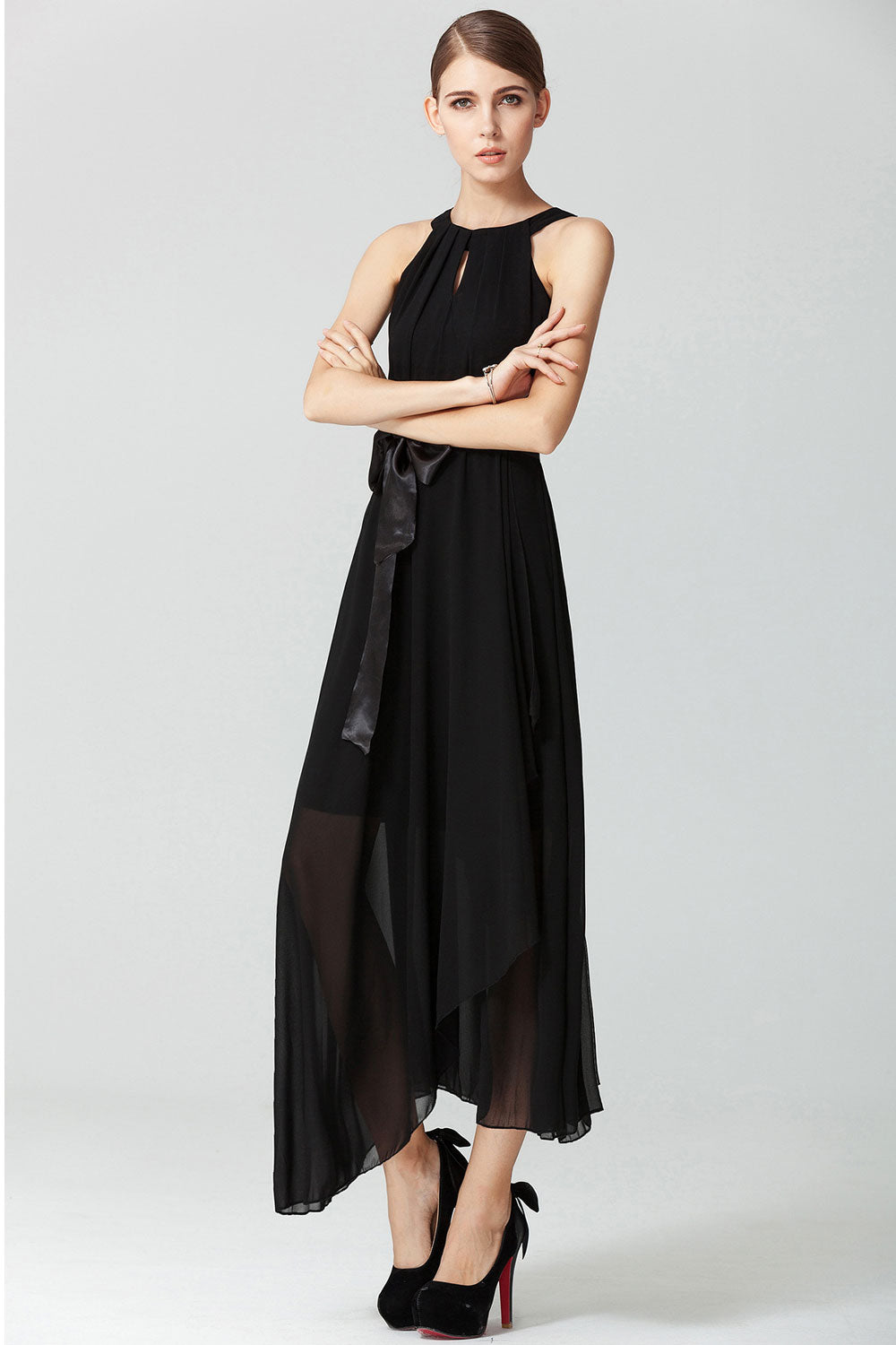 Women Chiffon Sleeveless Long Prom Dress Black