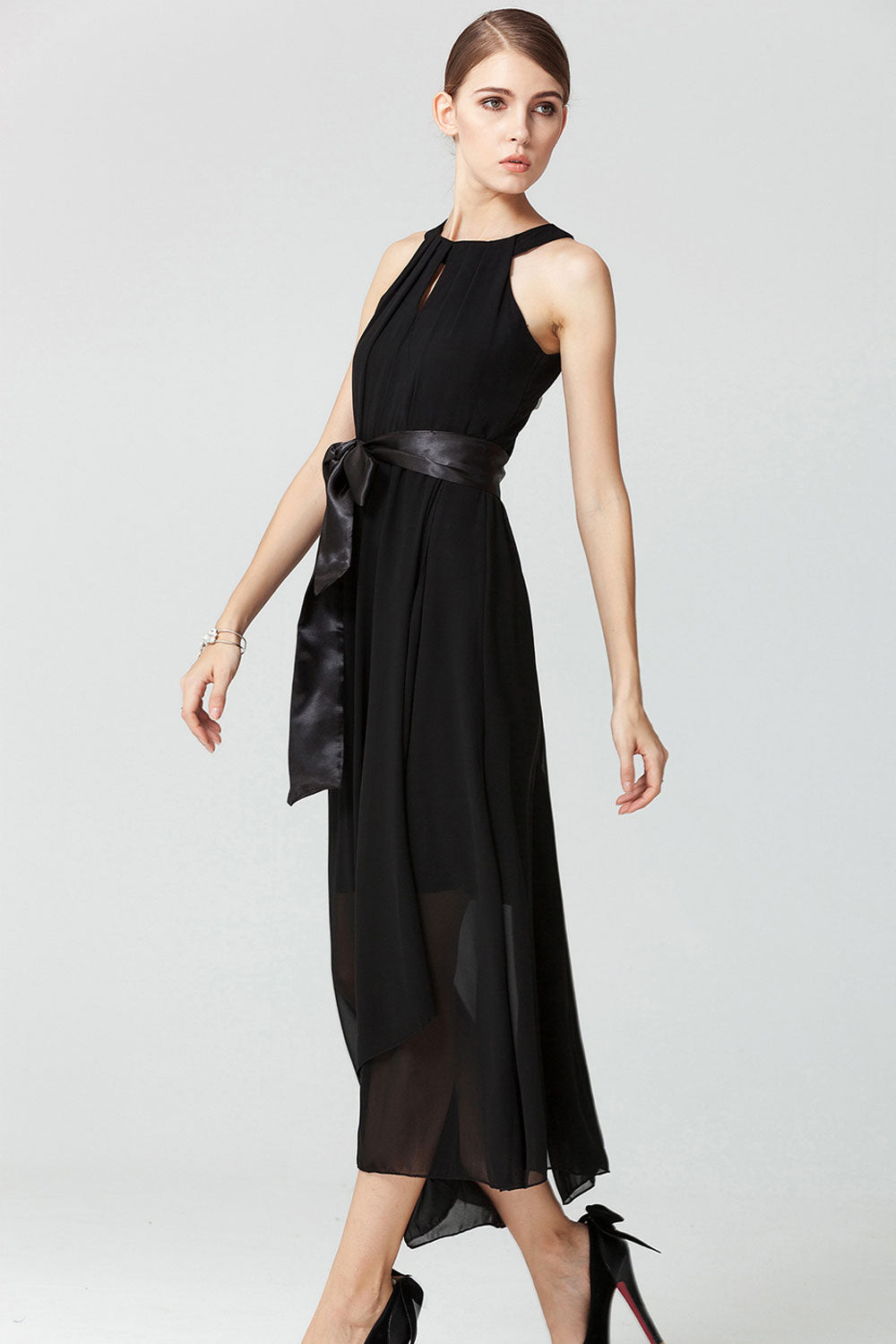 Women Chiffon Sleeveless Long Prom Dress Black