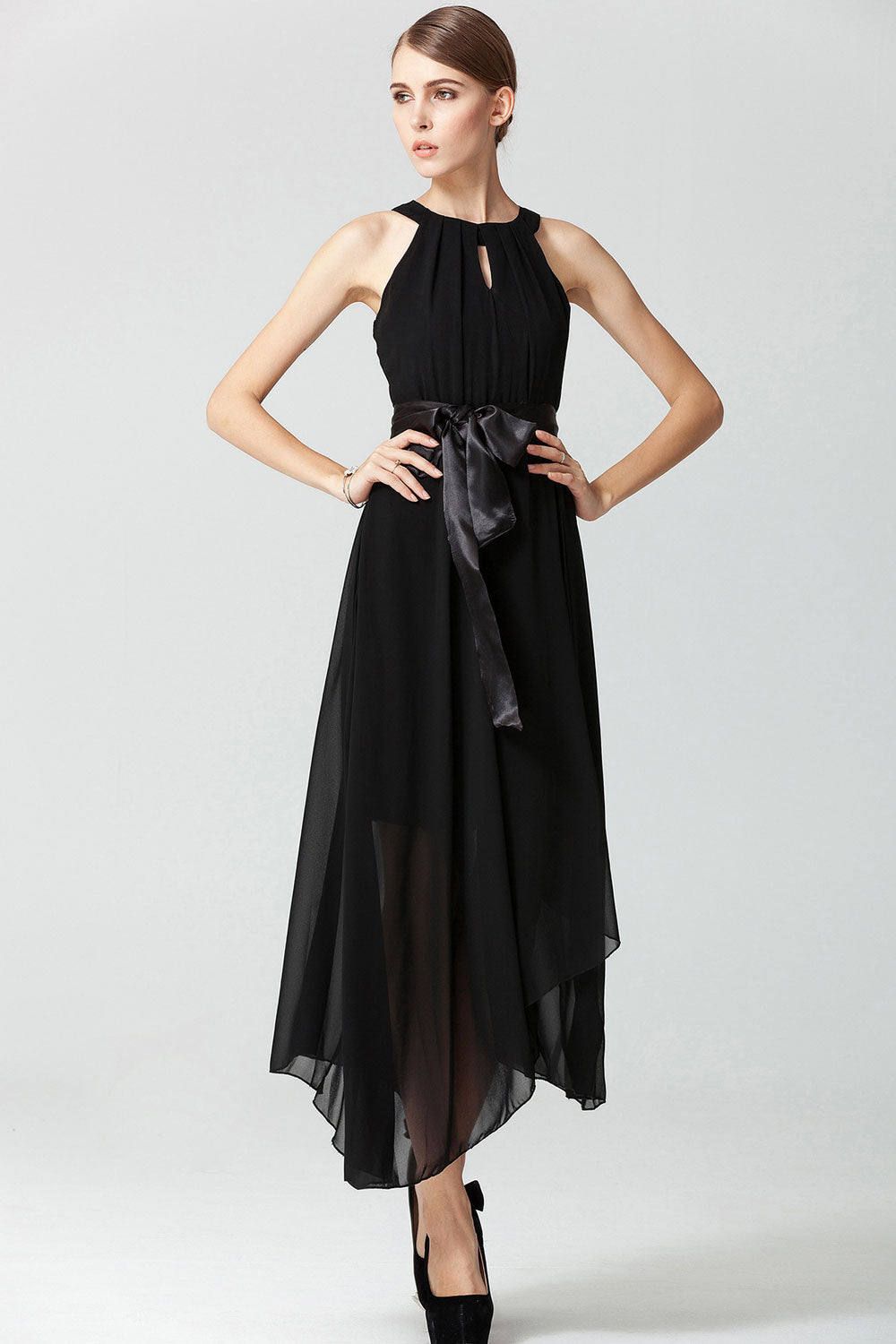 Women Chiffon Sleeveless Long Prom Dress Black