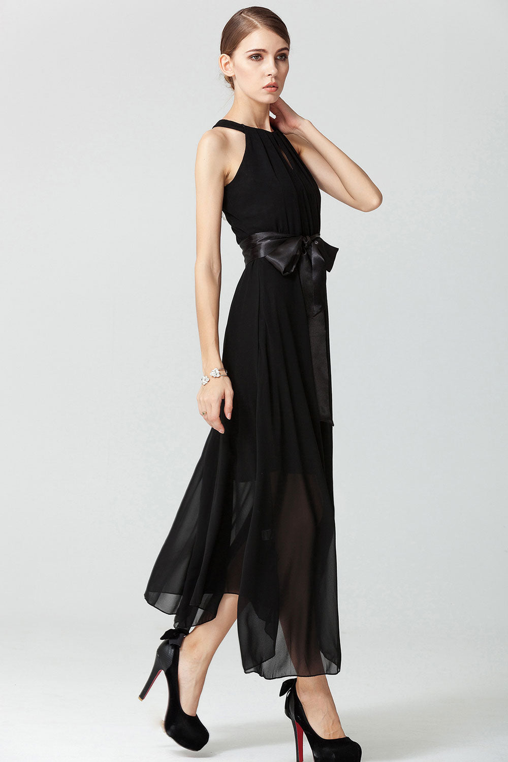 Women Chiffon Sleeveless Long Prom Dress Black