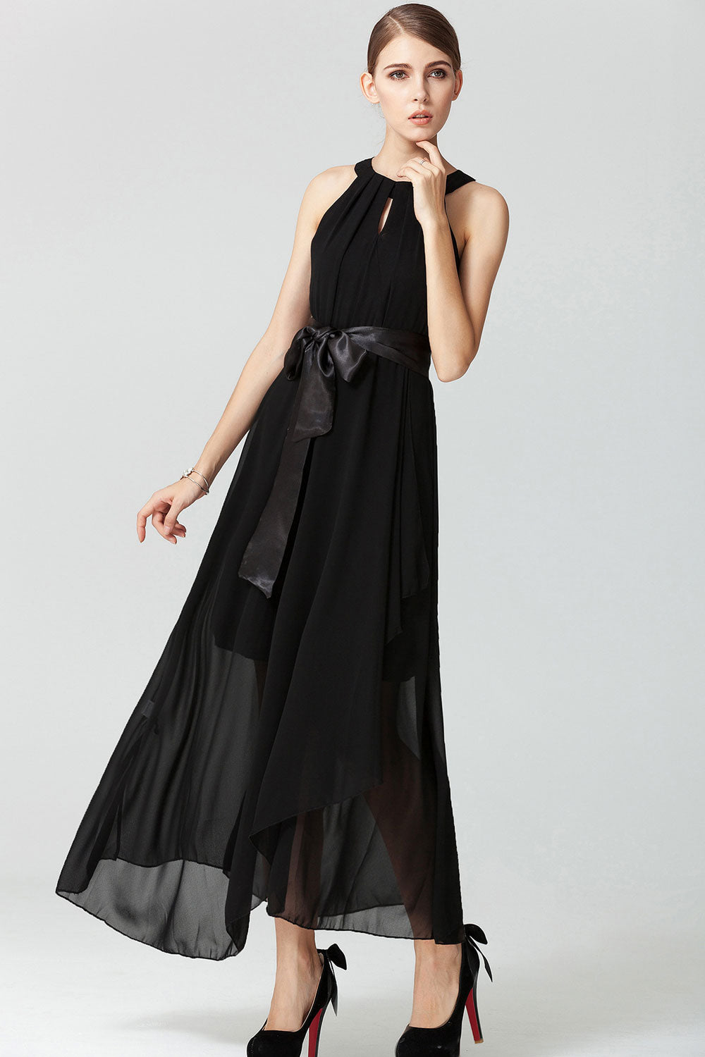 Women Chiffon Sleeveless Long Prom Dress Black