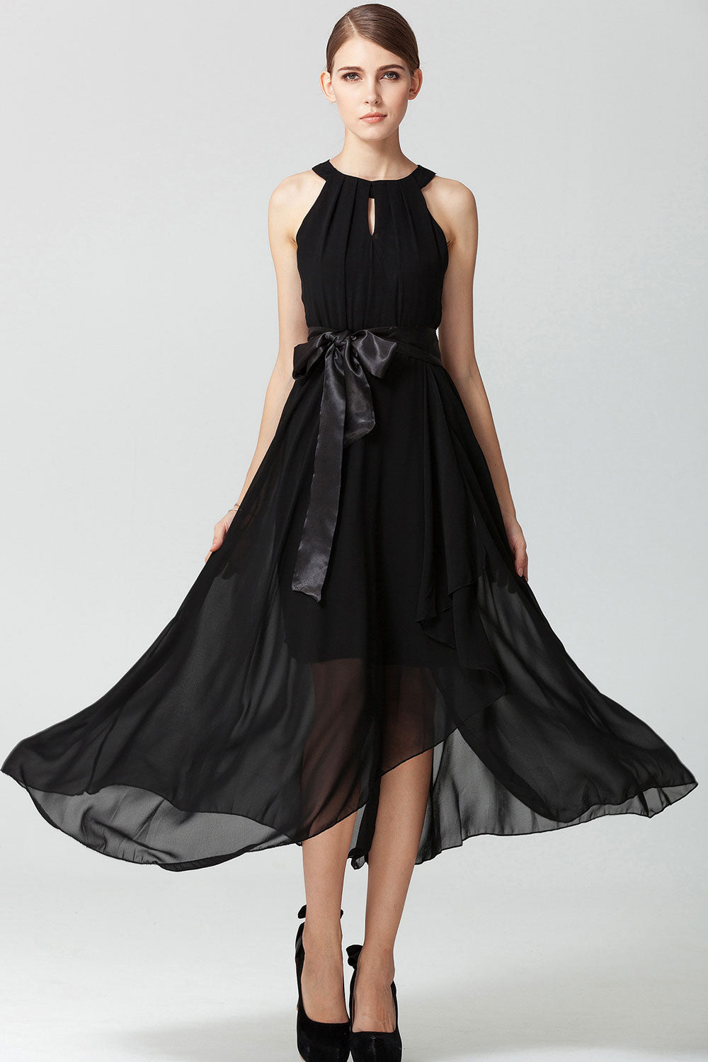 Women Chiffon Sleeveless Long Prom Dress Black