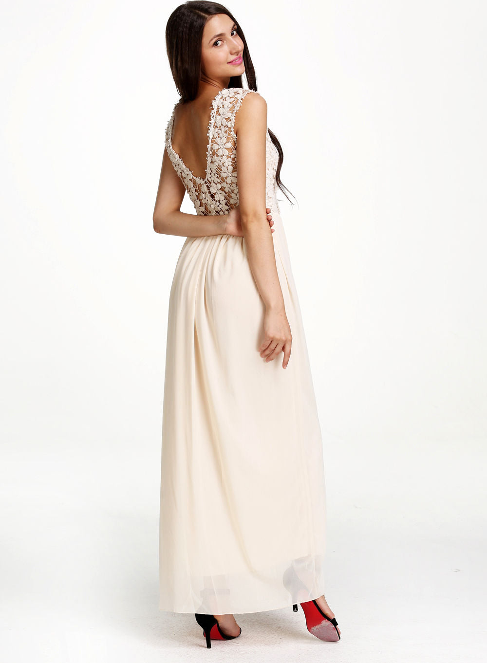 Women's Sleeveless Lace Stitched Full Length Dress Beige