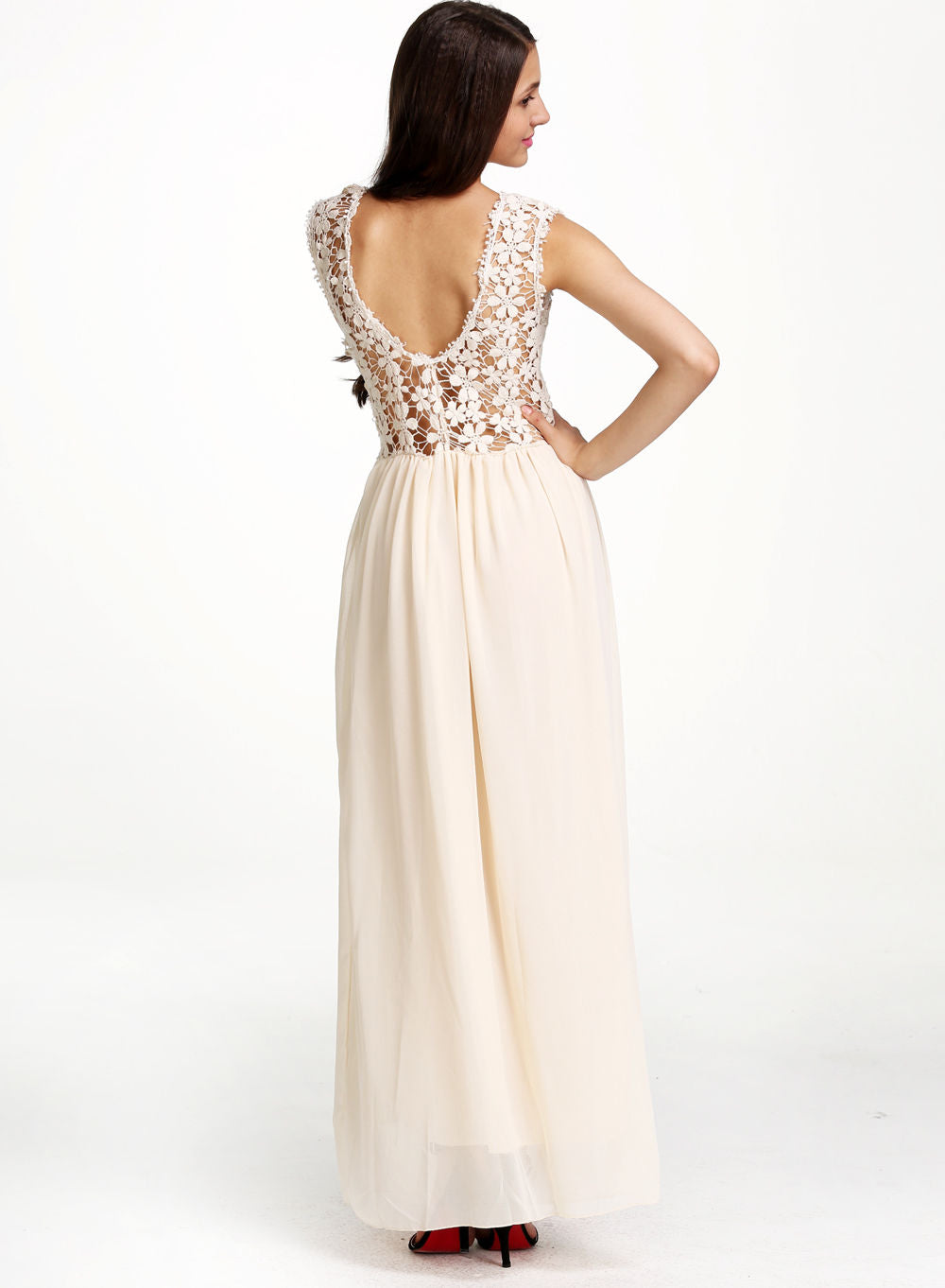 Women's Sleeveless Lace Stitched Full Length Dress Beige