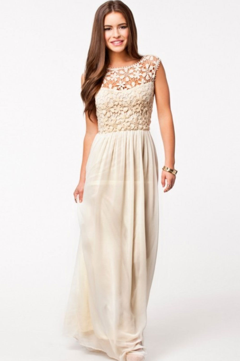 Women's Sleeveless Lace Stitched Full Length Dress Beige