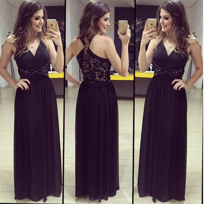 Women's Sleeveless Lace Designed Floor Length Dress Black