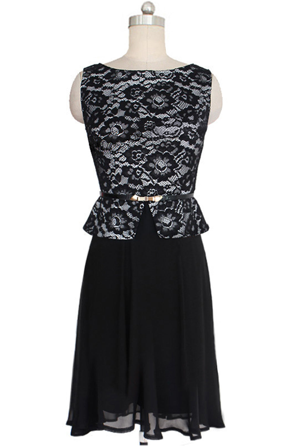 Women Wave Point Waist Fastening Lace Designed Dress with Belt
