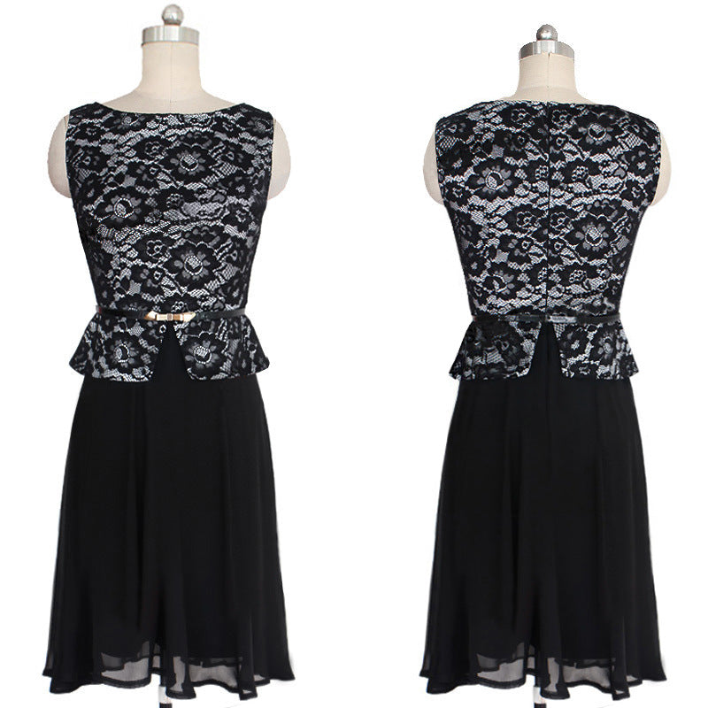 Women Wave Point Waist Fastening Lace Designed Dress with Belt