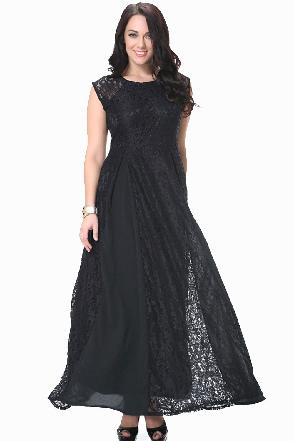 Women Round Neck Sleeveless Plus Size Lace Dress