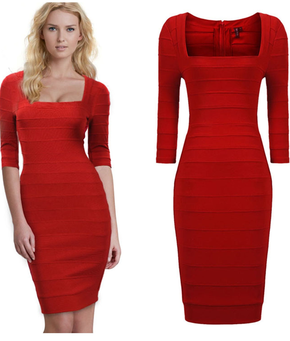 Women Fit Bodycon Hot Square Neck Dress