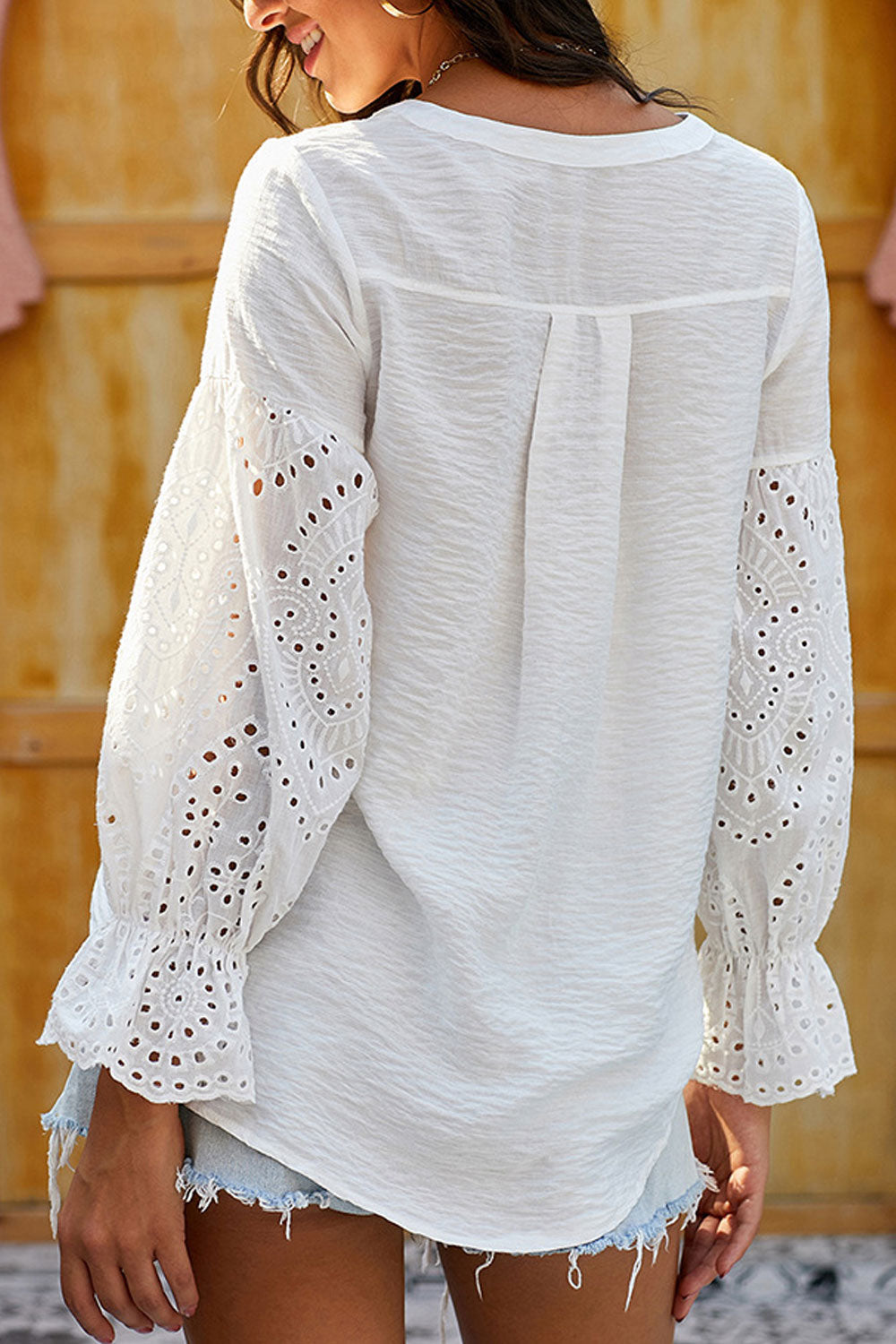 Women Casual V-Neck Hollow Trumpet Sleeve Loose Shirt