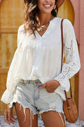 Women Casual V-Neck Hollow Trumpet Sleeve Loose Shirt