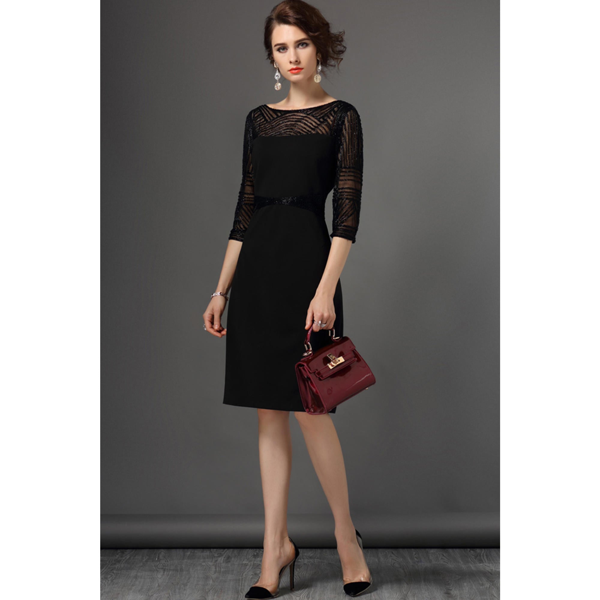 Women Decorated Beads Gauze Sleeves Shift Dress