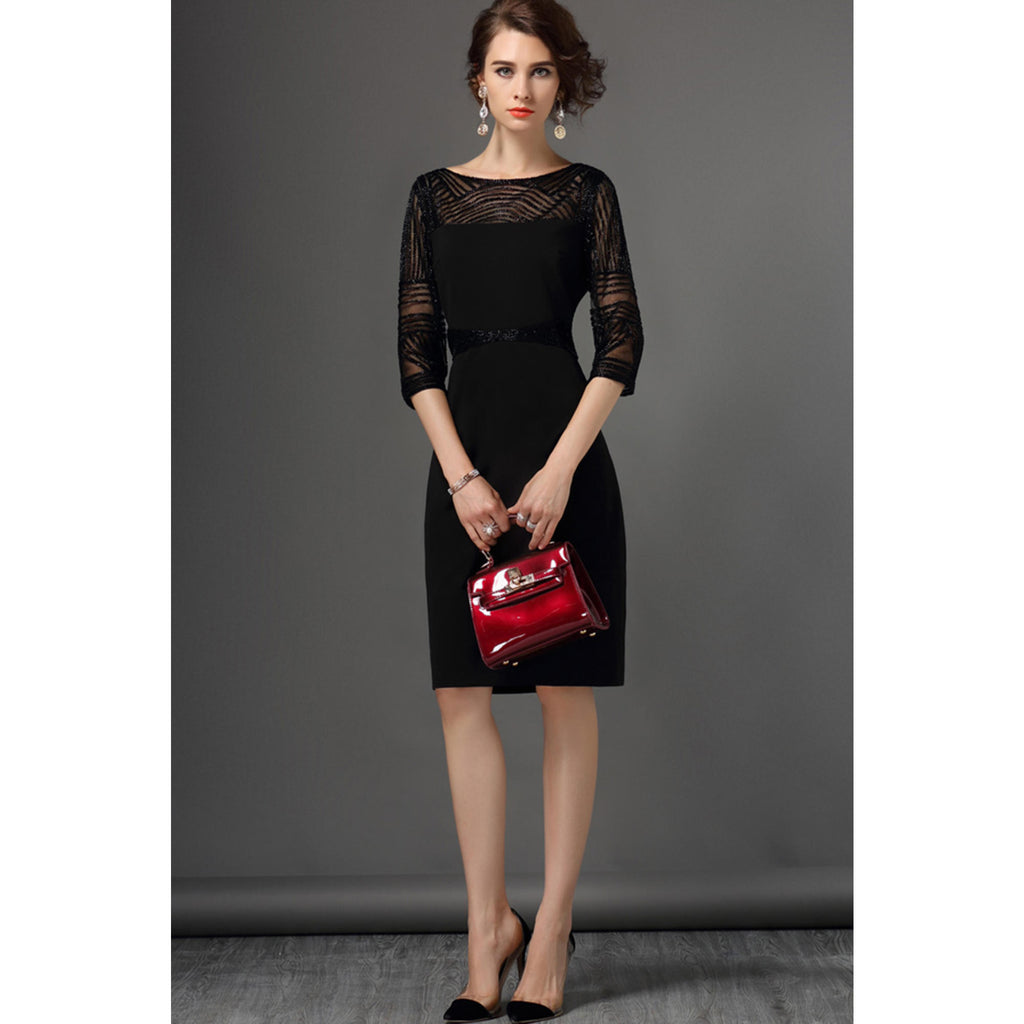 Women Decorated Beads Gauze Sleeves Shift Dress