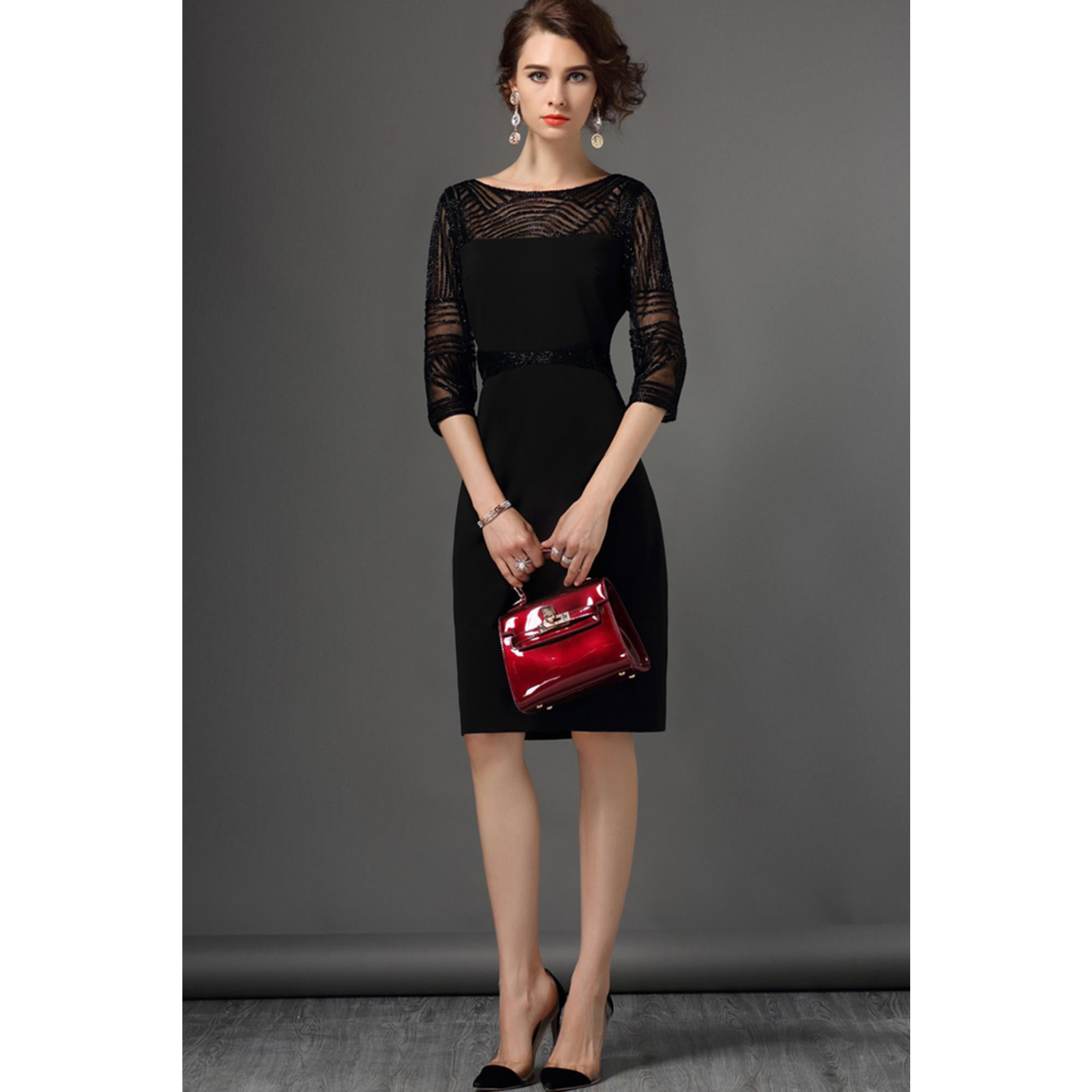 Women Decorated Beads Gauze Sleeves Shift Dress