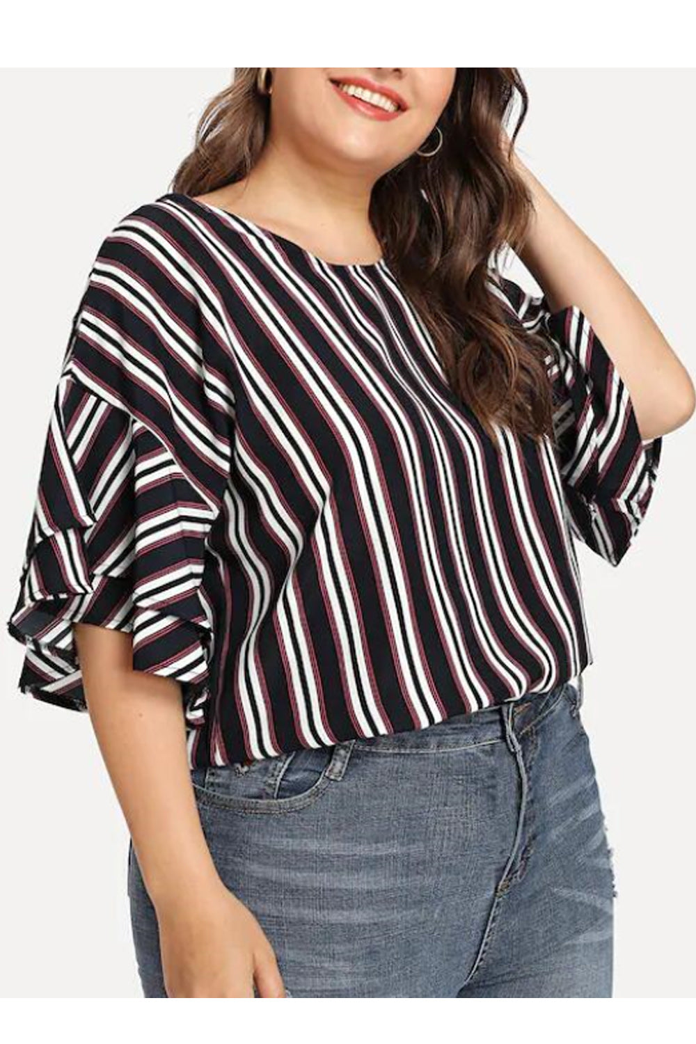 Women Loose Sleeves Stripes Pattern Top