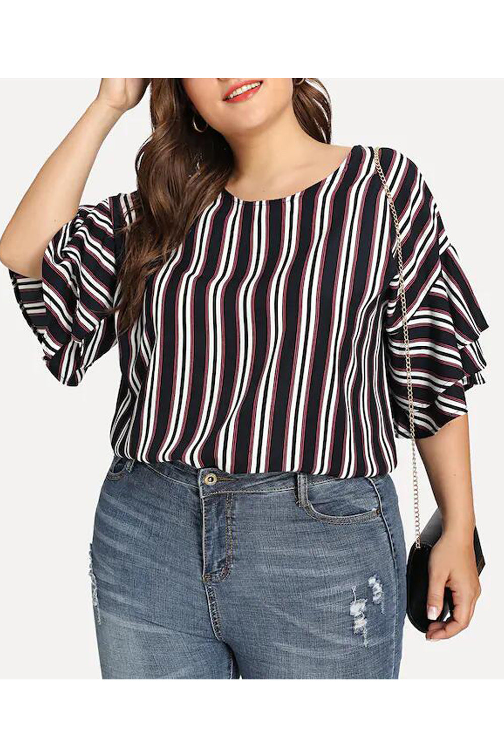 Women Loose Sleeves Stripes Pattern Top