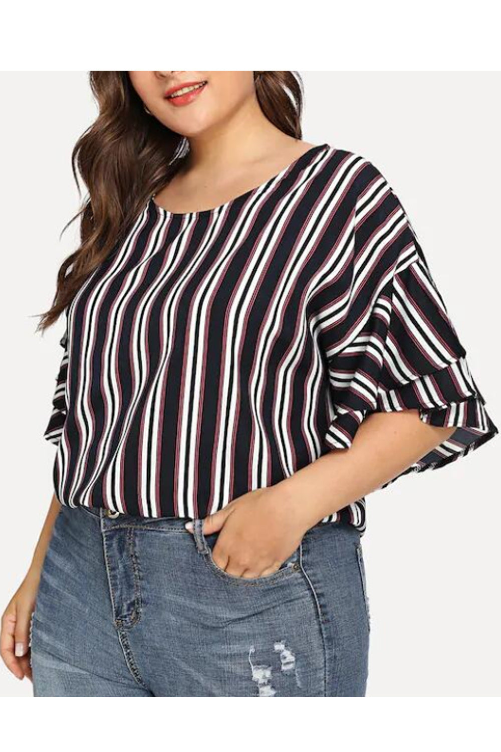 Women Loose Sleeves Stripes Pattern Top