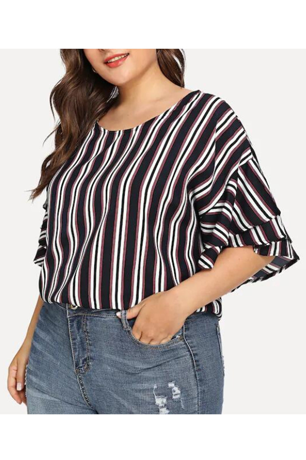 Women Loose Sleeves Stripes Pattern Top
