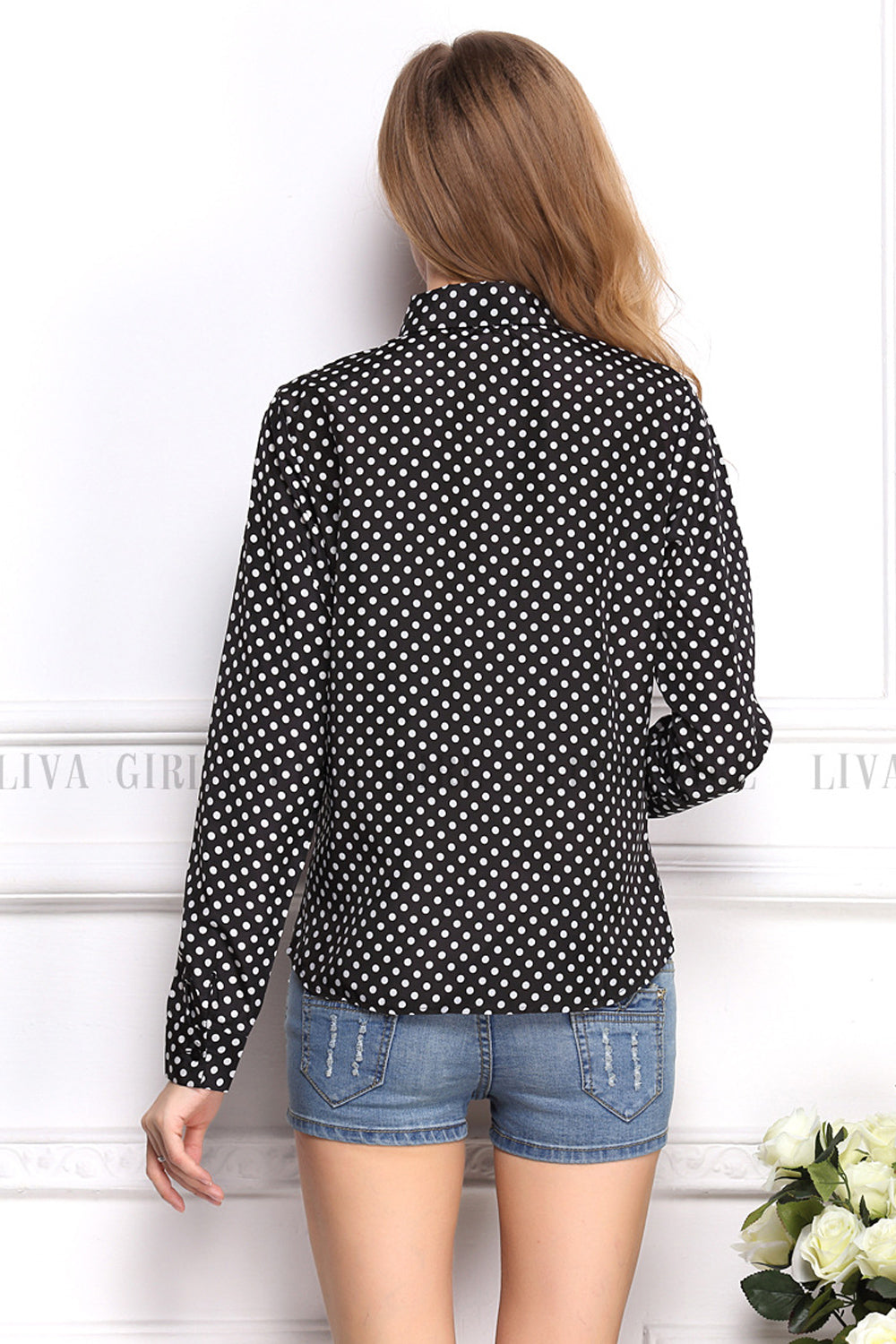 Women's Long Sleeves Polka Dots Shirt Black