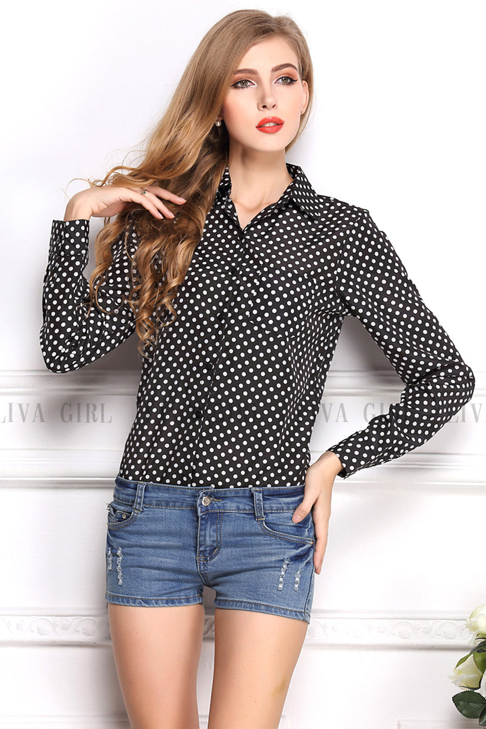 Women's Long Sleeves Polka Dots Shirt Black