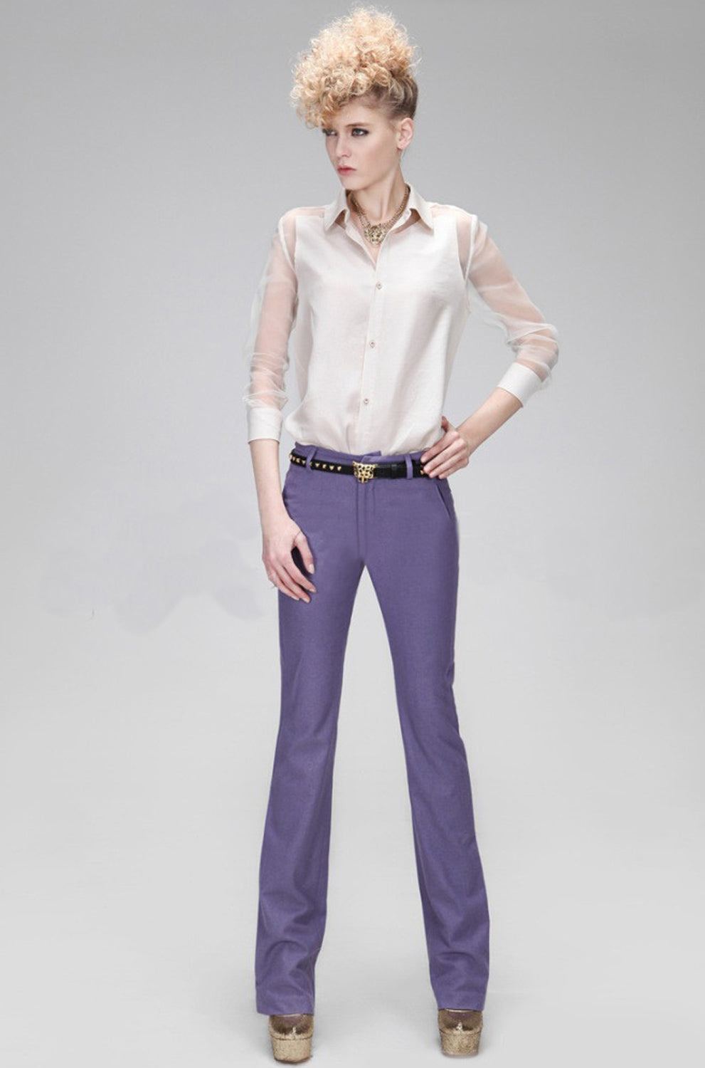 Women's Long Transparent Sleeves Collar Neck Shirt