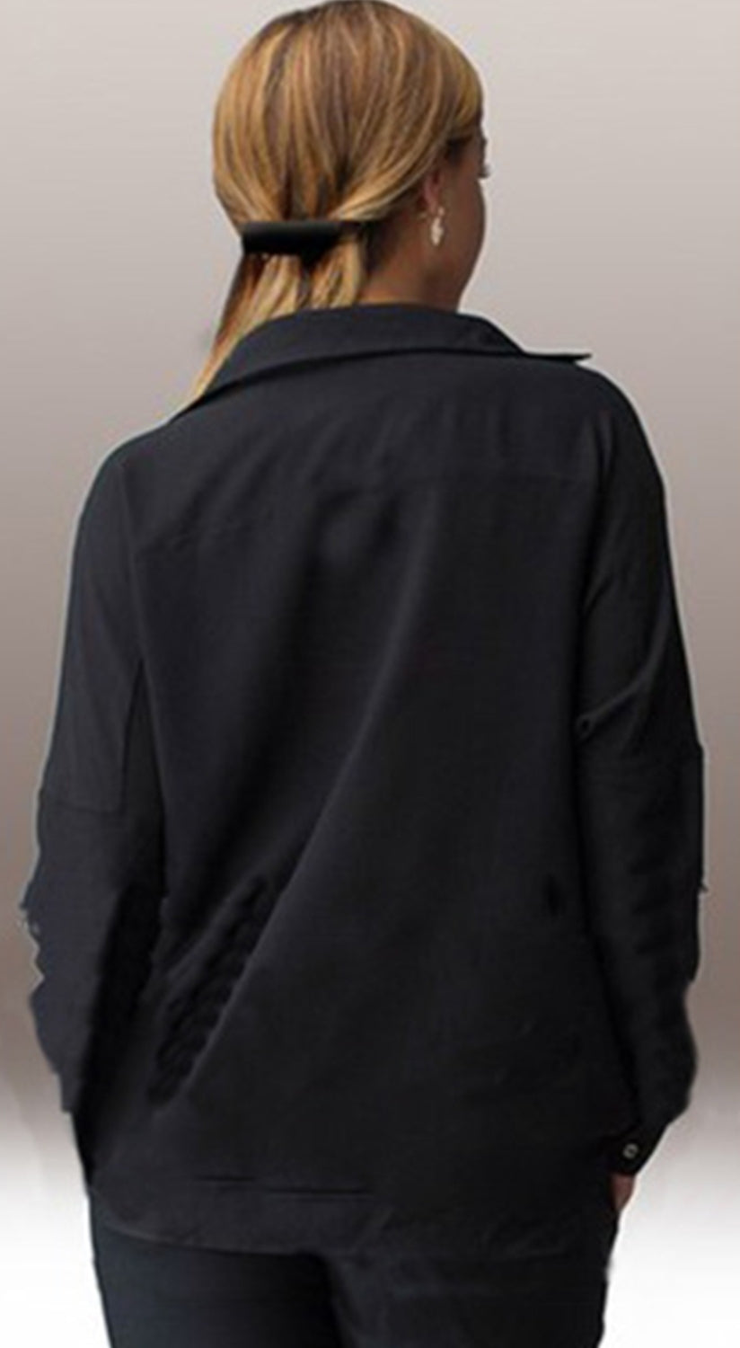Women Collar Neck Folded Cuff Casual Shirt Black