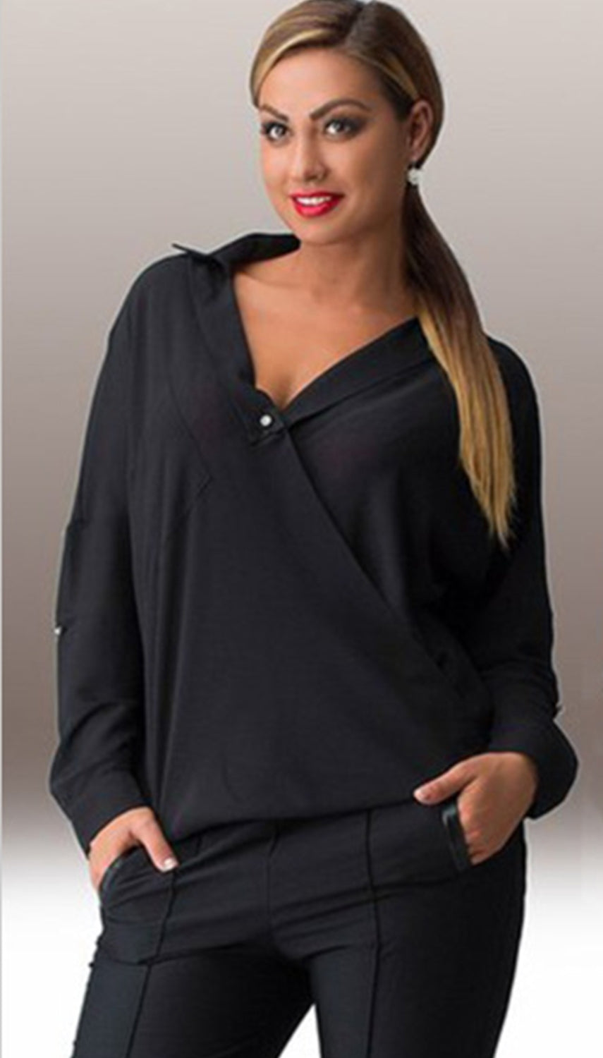 Women Collar Neck Folded Cuff Casual Shirt Black
