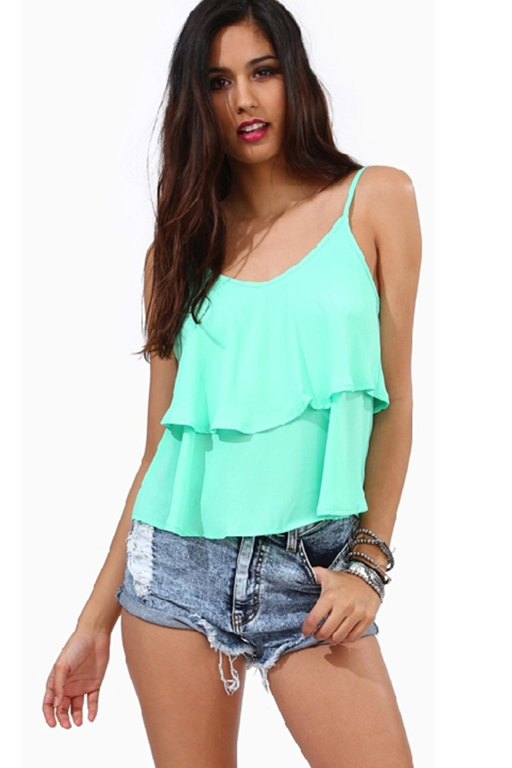 Women Flouncing Straps Layered Hem Tank Top Green