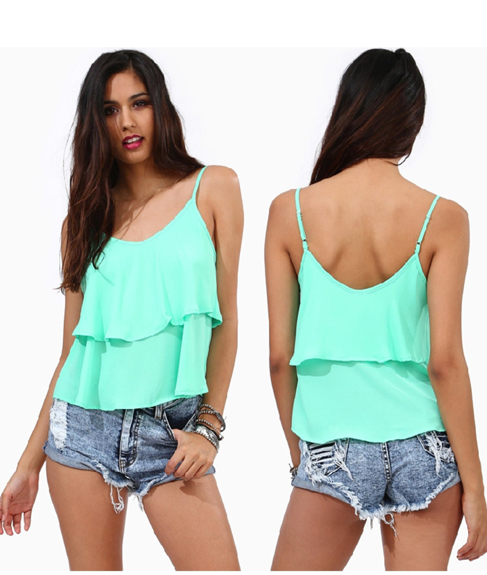 Women Flouncing Straps Layered Hem Tank Top Green