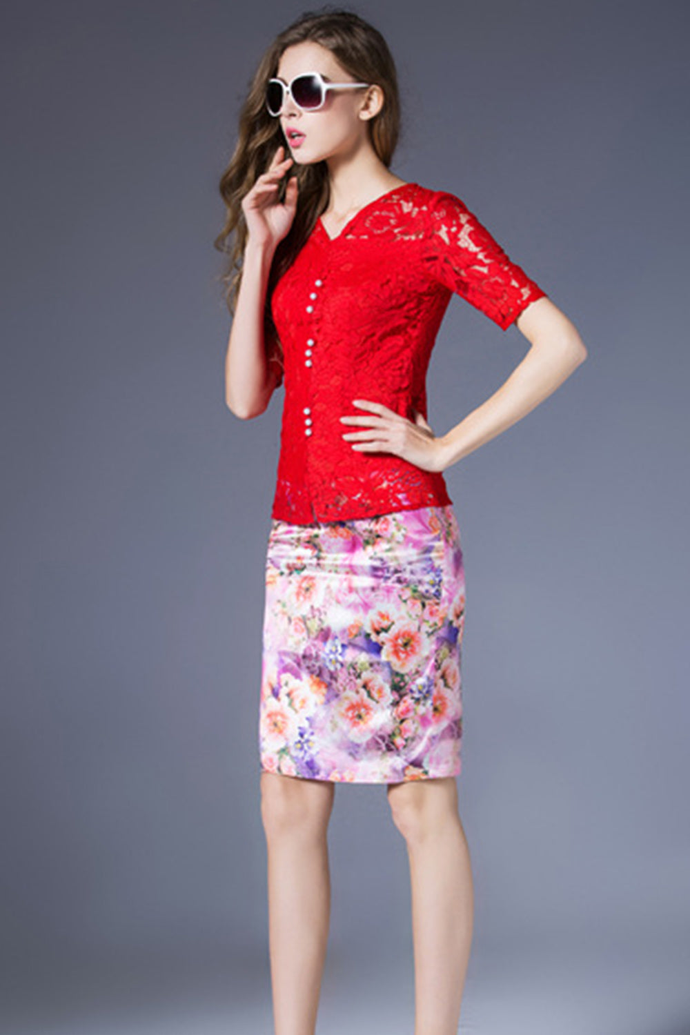 Women Short Sleeves Fit Waist Shirt  Red