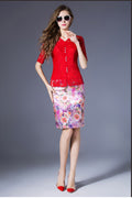 Women Short Sleeves Fit Waist Shirt  Red