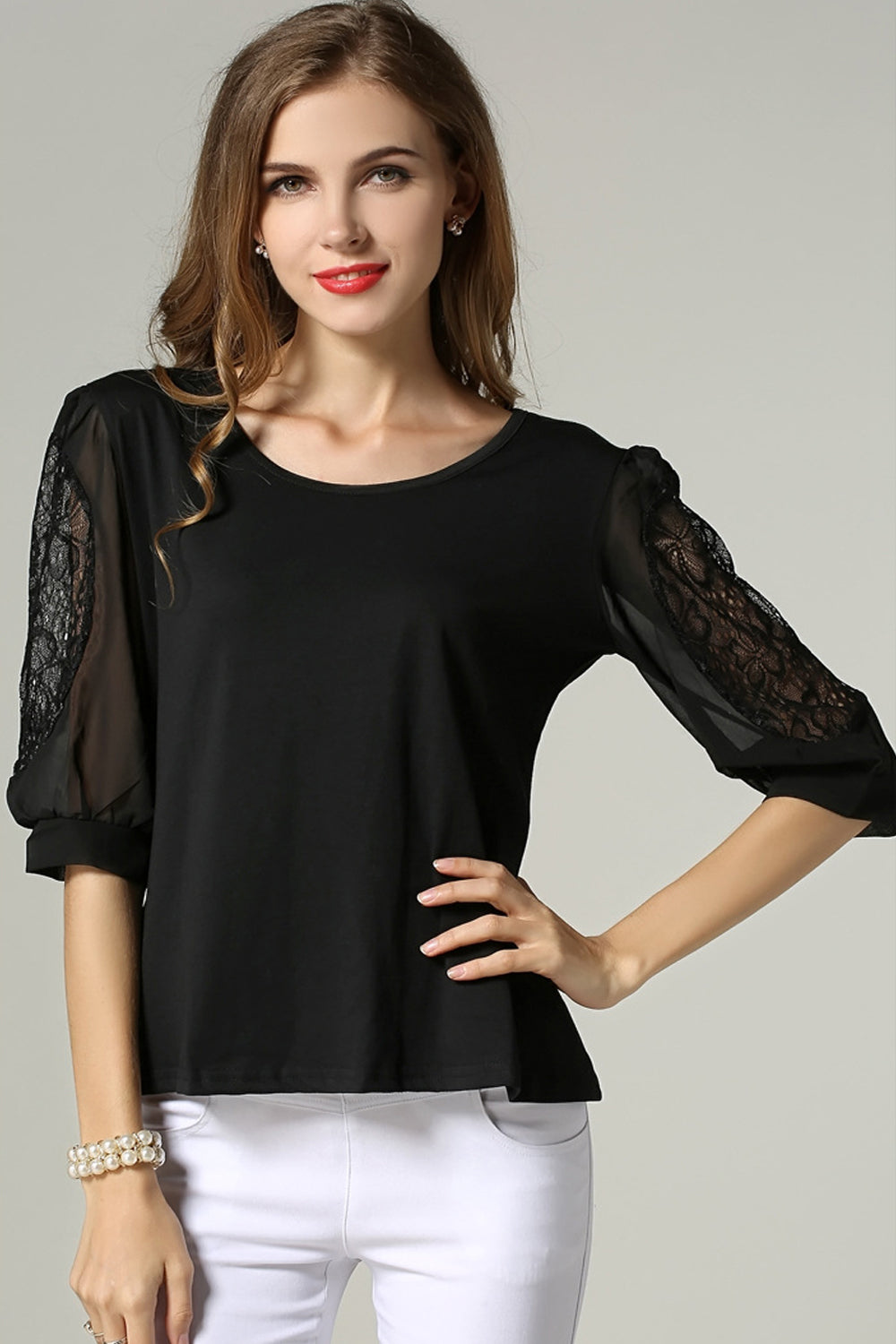 Women Formal Wear Lace Decorated Sleeves Blouse Black