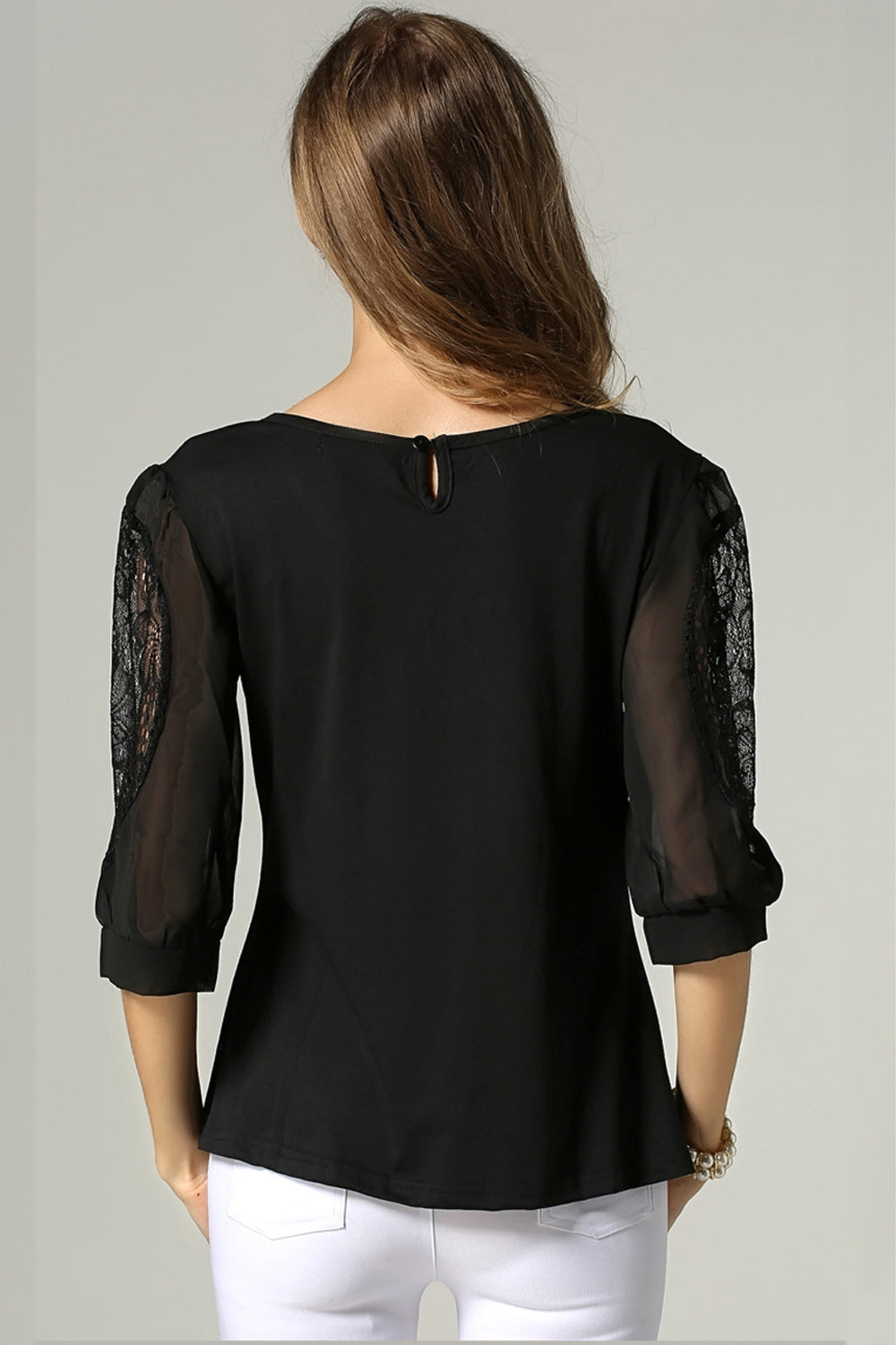 Women Formal Wear Lace Decorated Sleeves Blouse Black