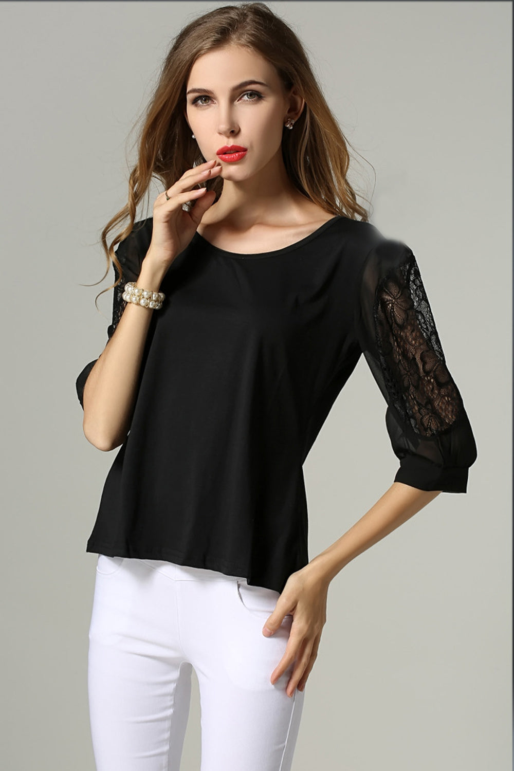 Women Formal Wear Lace Decorated Sleeves Blouse Black