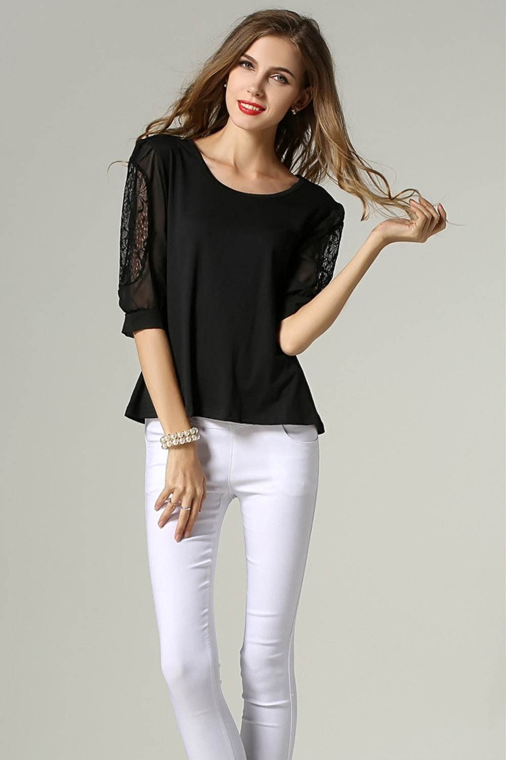 Women Formal Wear Lace Decorated Sleeves Blouse Black