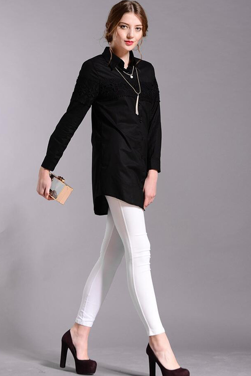 Women Lace Decorated Plus Size Shirt Black