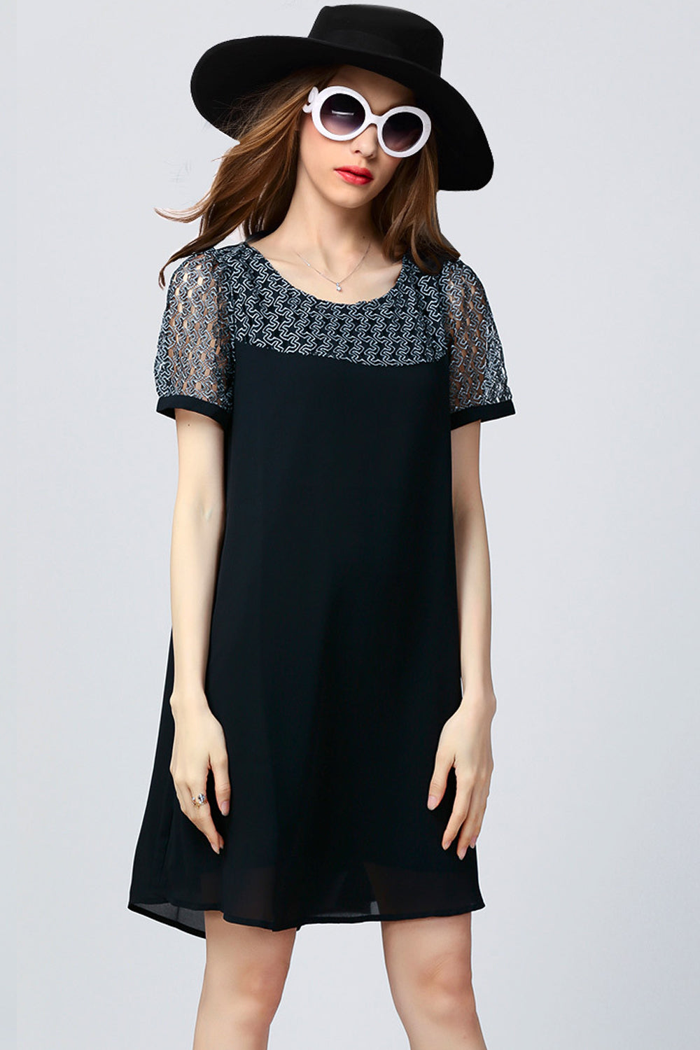 Women Lace Neck Chiffon Long Top Black