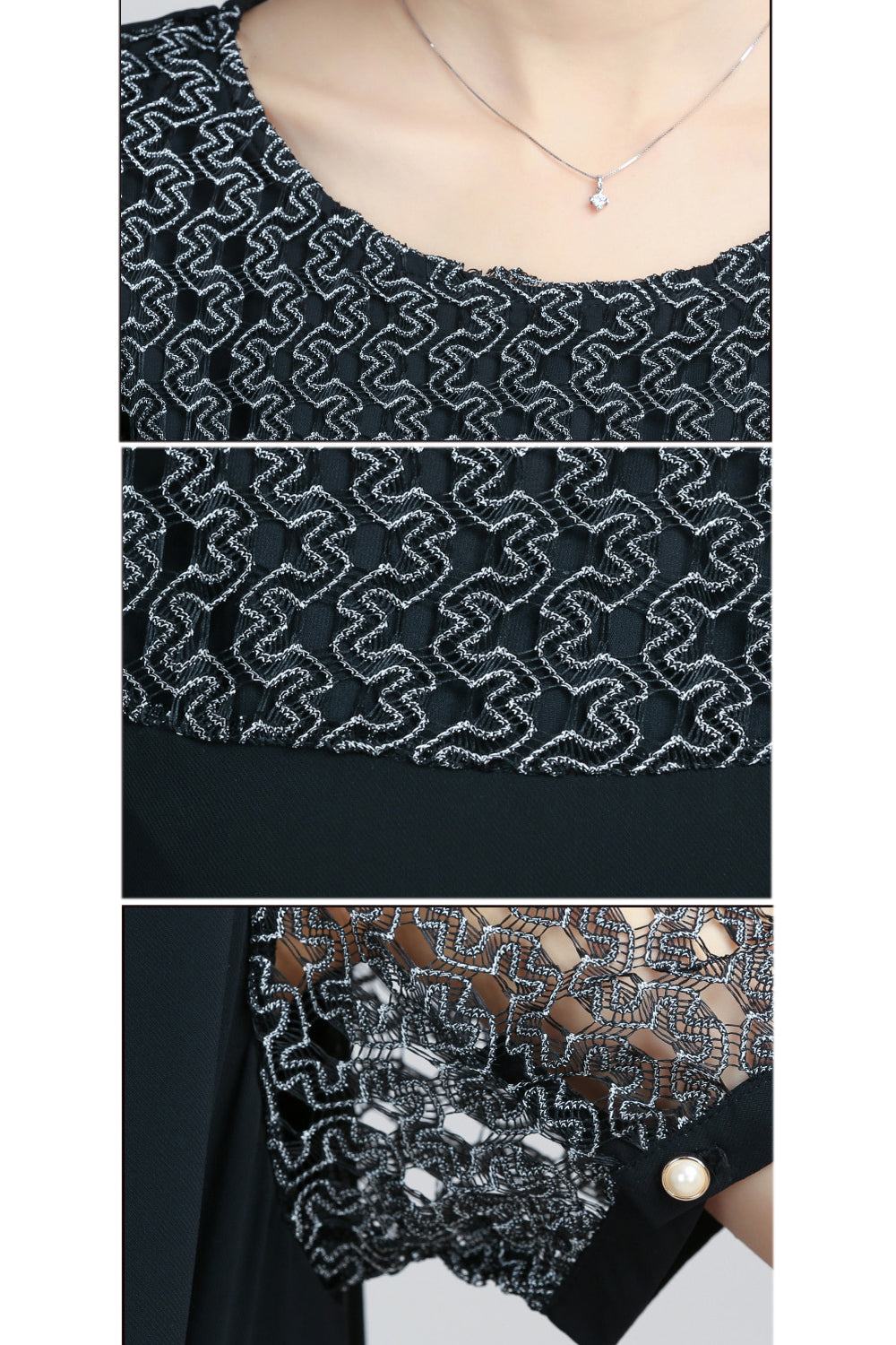 Women Lace Neck Chiffon Long Top Black