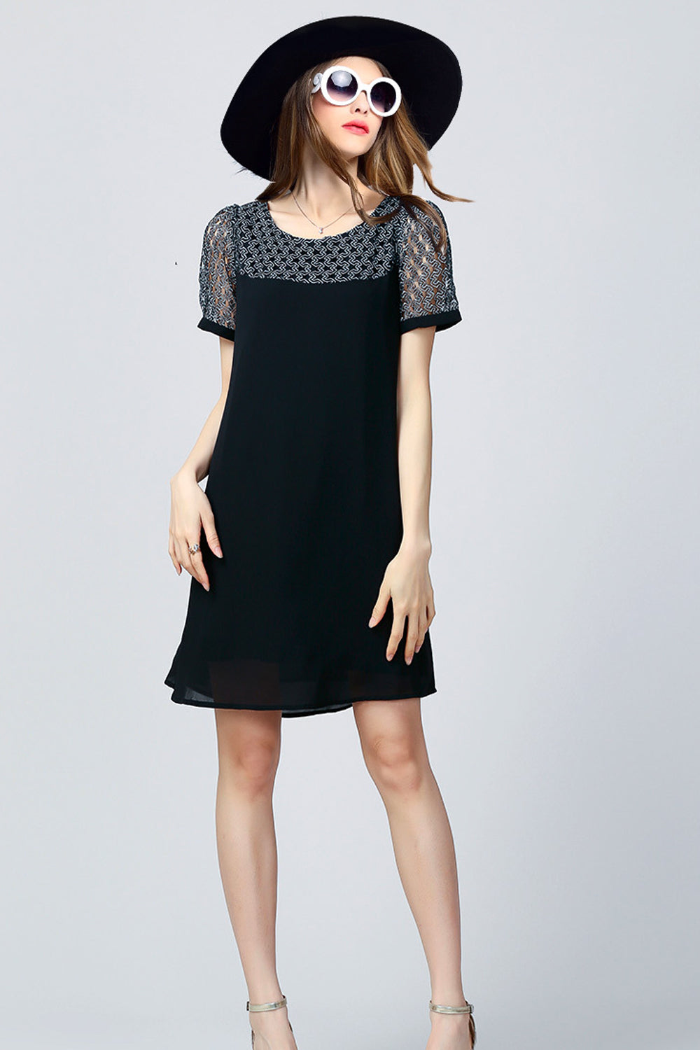 Women Lace Neck Chiffon Long Top Black