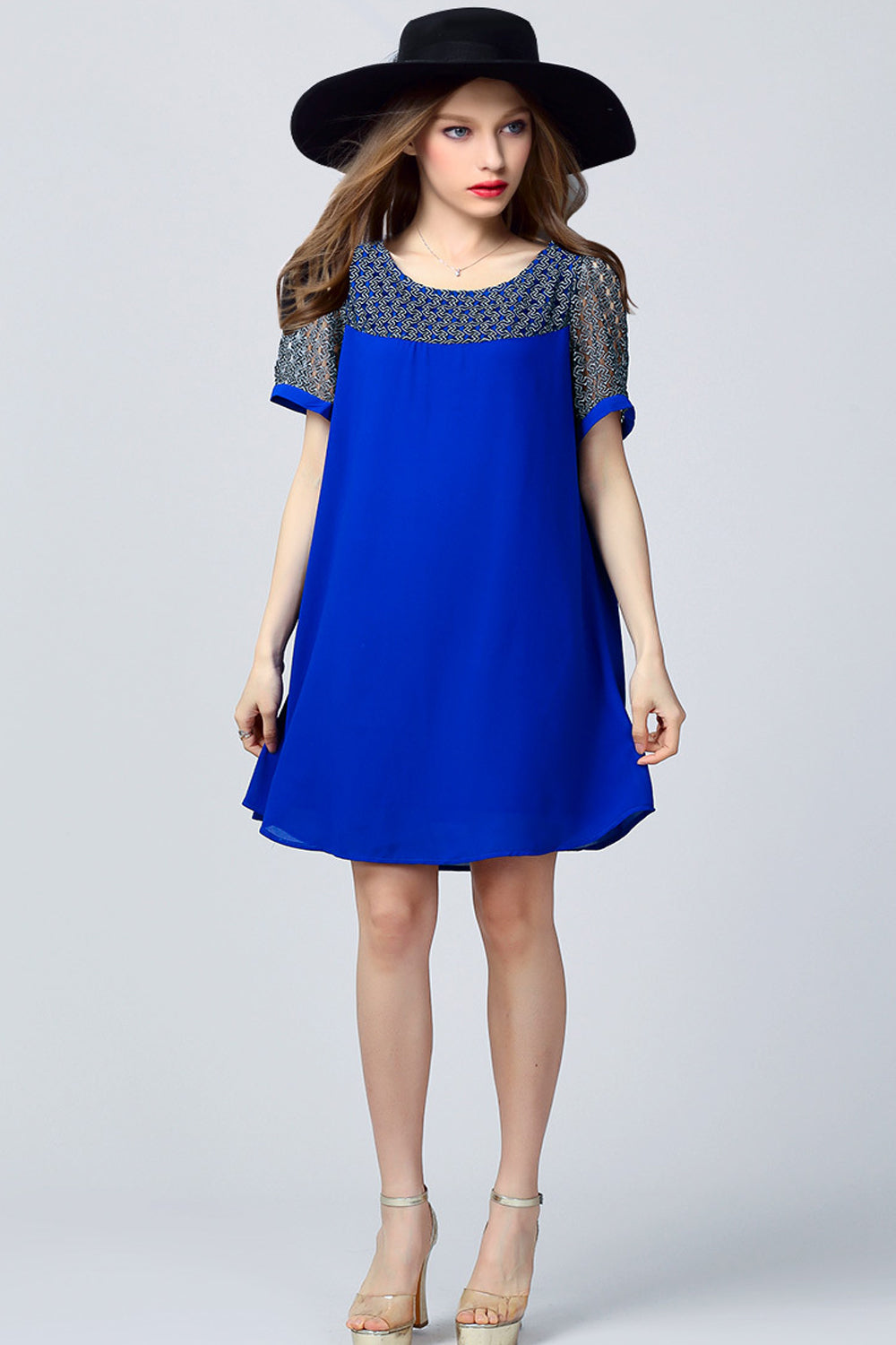 Women Lace Neck Chiffon Long Top Blue