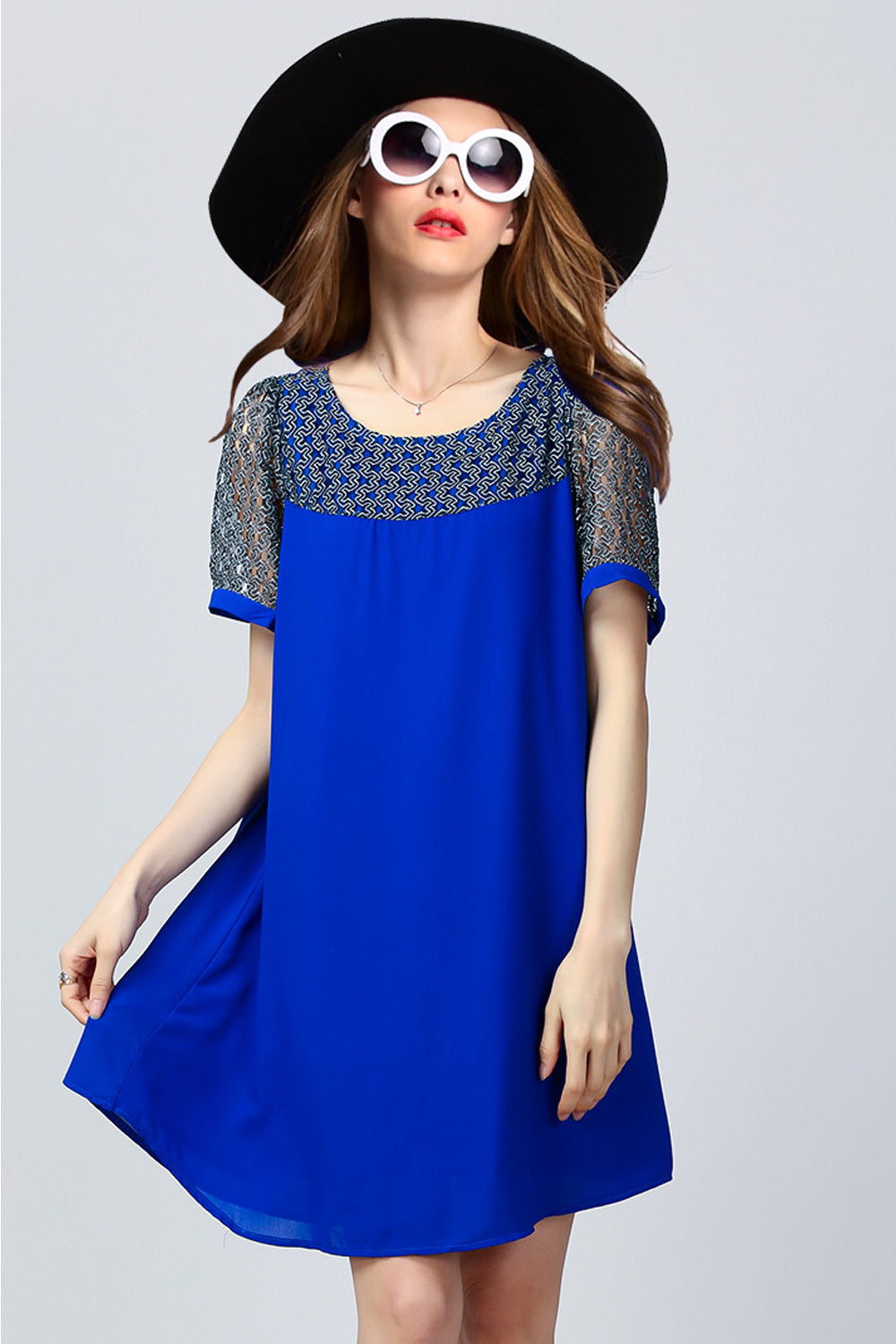 Women Lace Neck Chiffon Long Top Blue