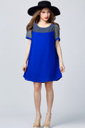 Women Lace Neck Chiffon Long Top Blue