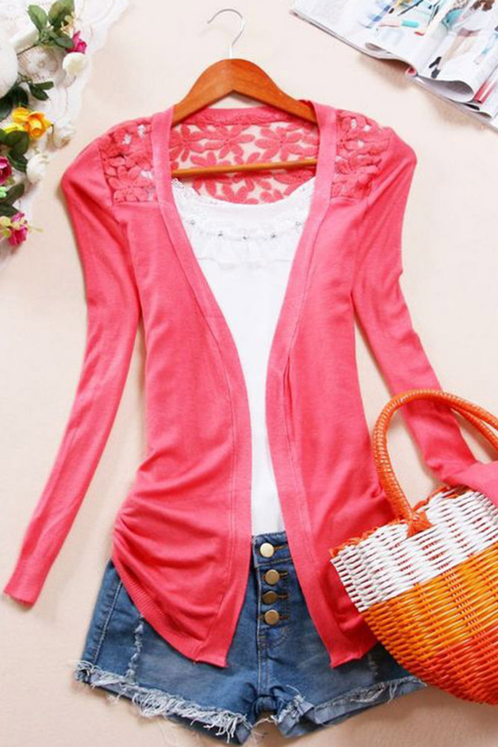 Women Lace Designed Crochet Cover Up Pink