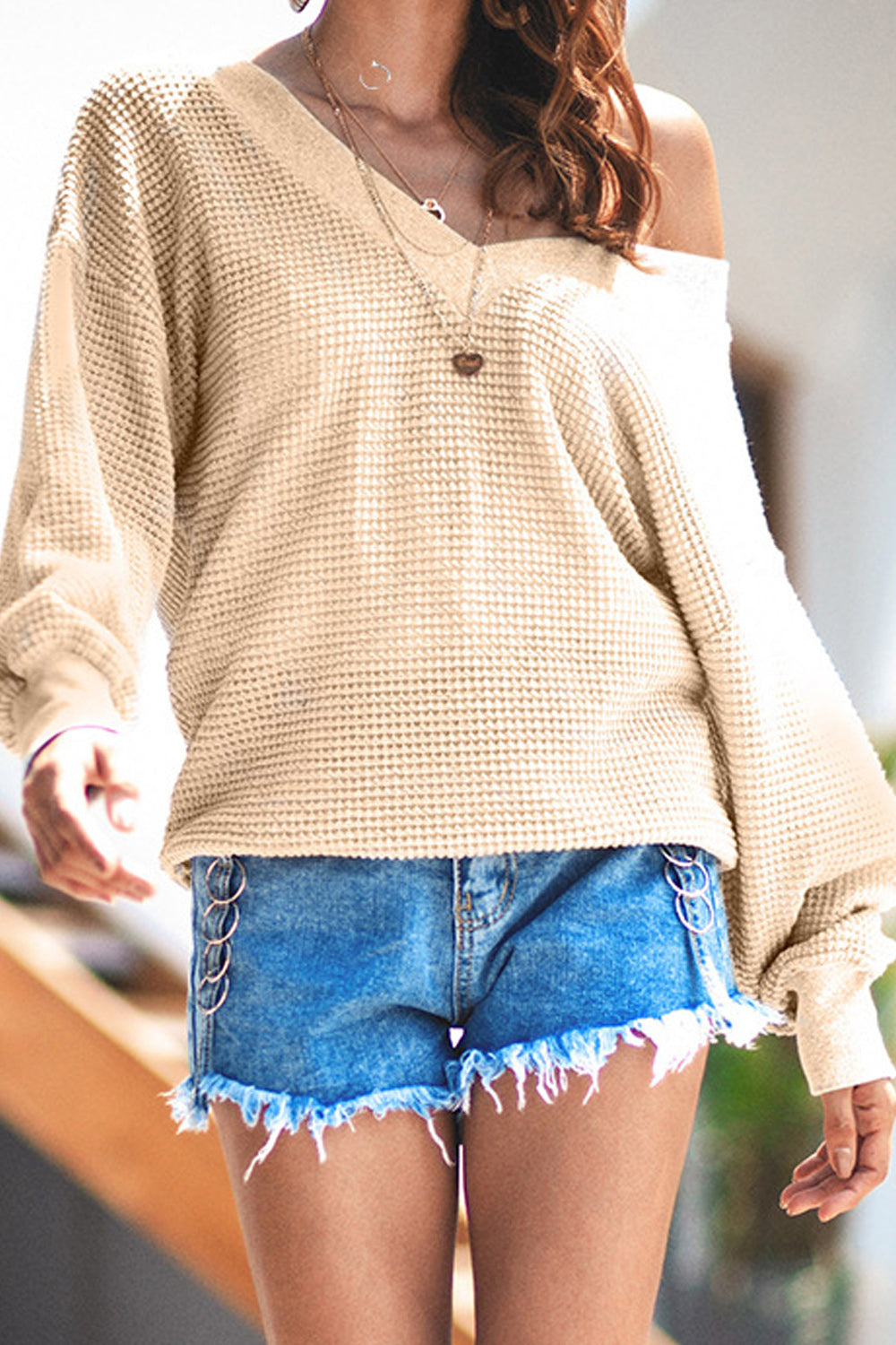 Women Solid Colored Long Loose Sleeve Off-Shoulder Shirt