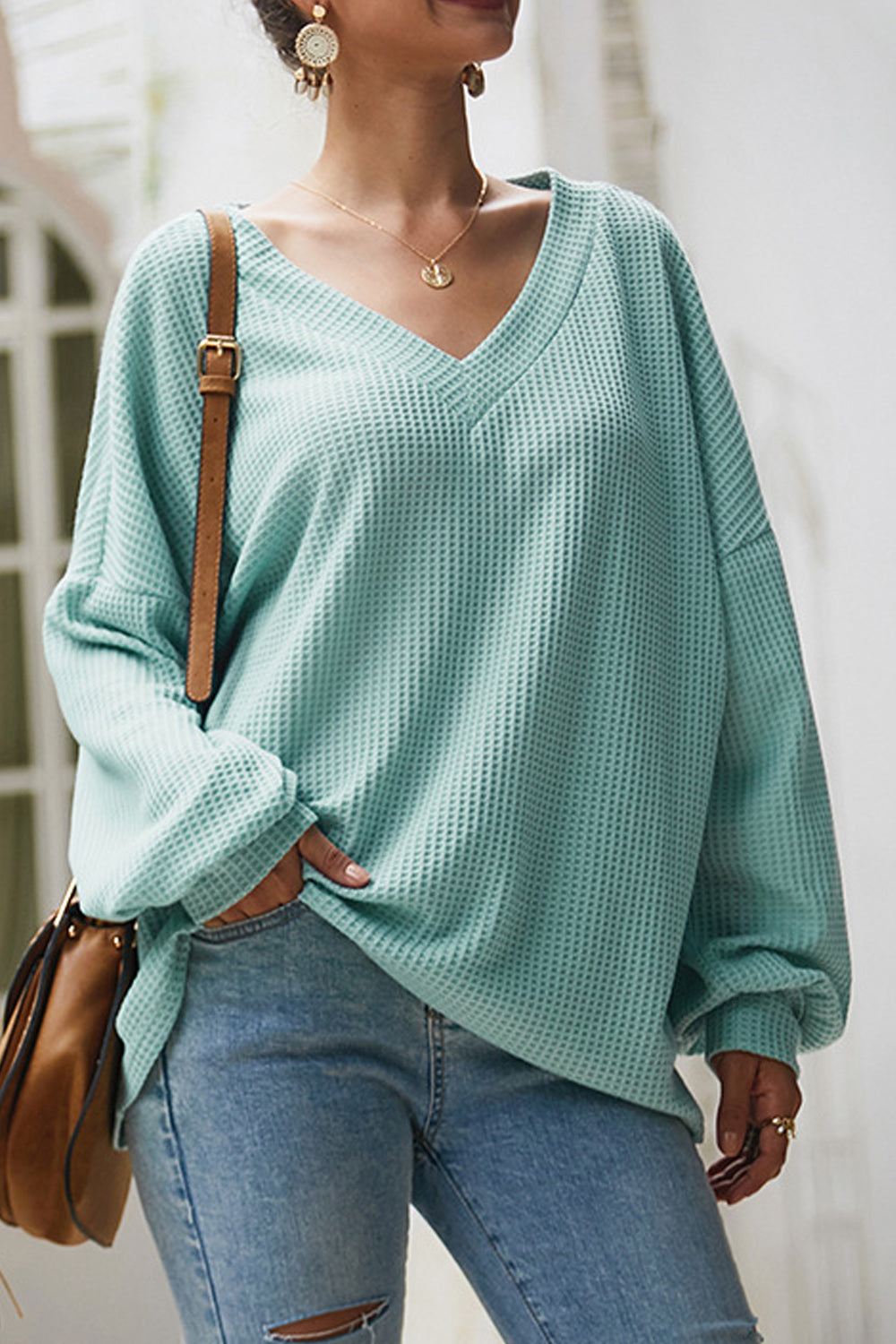 Women Solid Colored Long Sleeve V-Neck Style Shirt