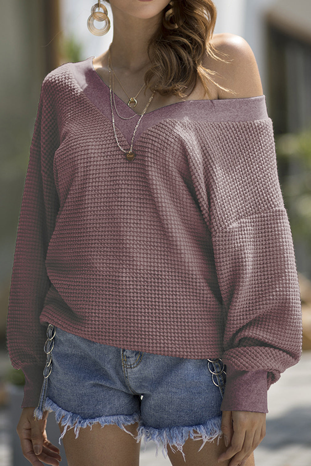Women Solid Colored Long Loose Sleeve Off-Shoulder Shirt