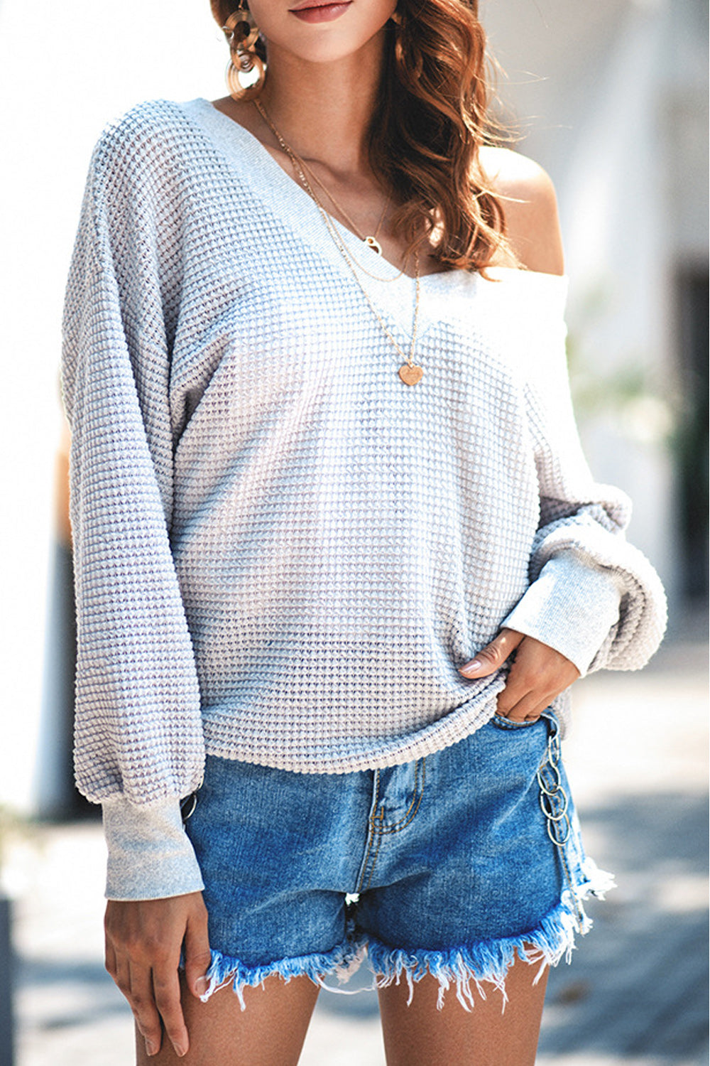 Women Solid Colored Long Loose Sleeve Off-Shoulder Shirt