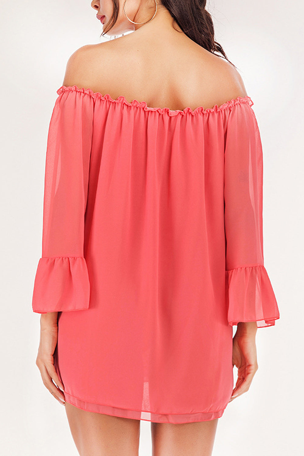 Women Elasticated Off Neck Bell Sleeve Chiffon Shirt